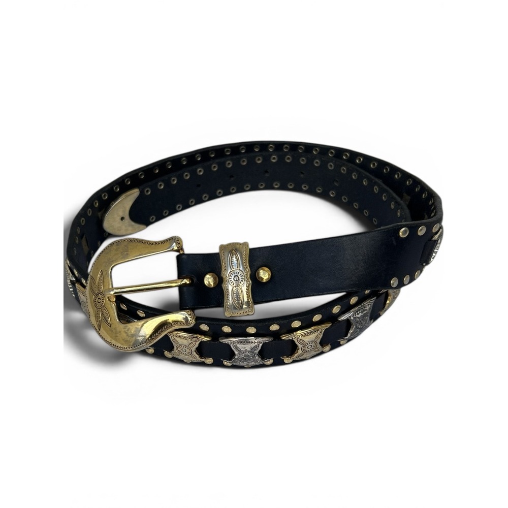 Western Black Leather Studded Belt Mixed Metal Concho Buckle Engraved 94
